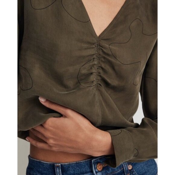 Madewell Brushed Ruched Top Sz 14 Green Long Sleeve Cupro V-Neck Earthy Olive - Picture 2 of 12